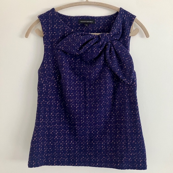Banana Republic Navy‎ Blue and Pink Bow Tie Front Shell Sleeveless Top Blouse XS - Picture 1 of 6